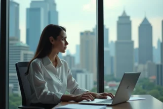 Femme au bureau regardant la ville depuis la fenêtre
