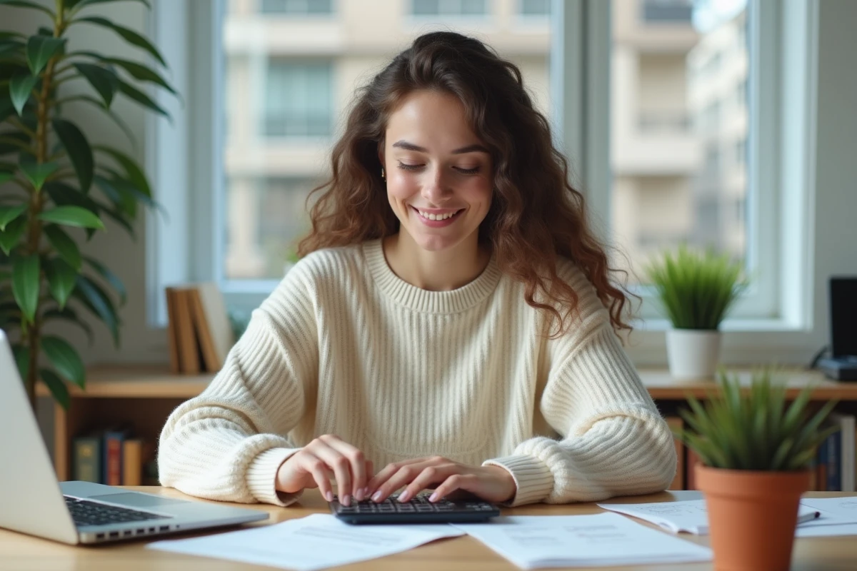 Jeune femme réglant des coefficients sur une calculatrice à domicile