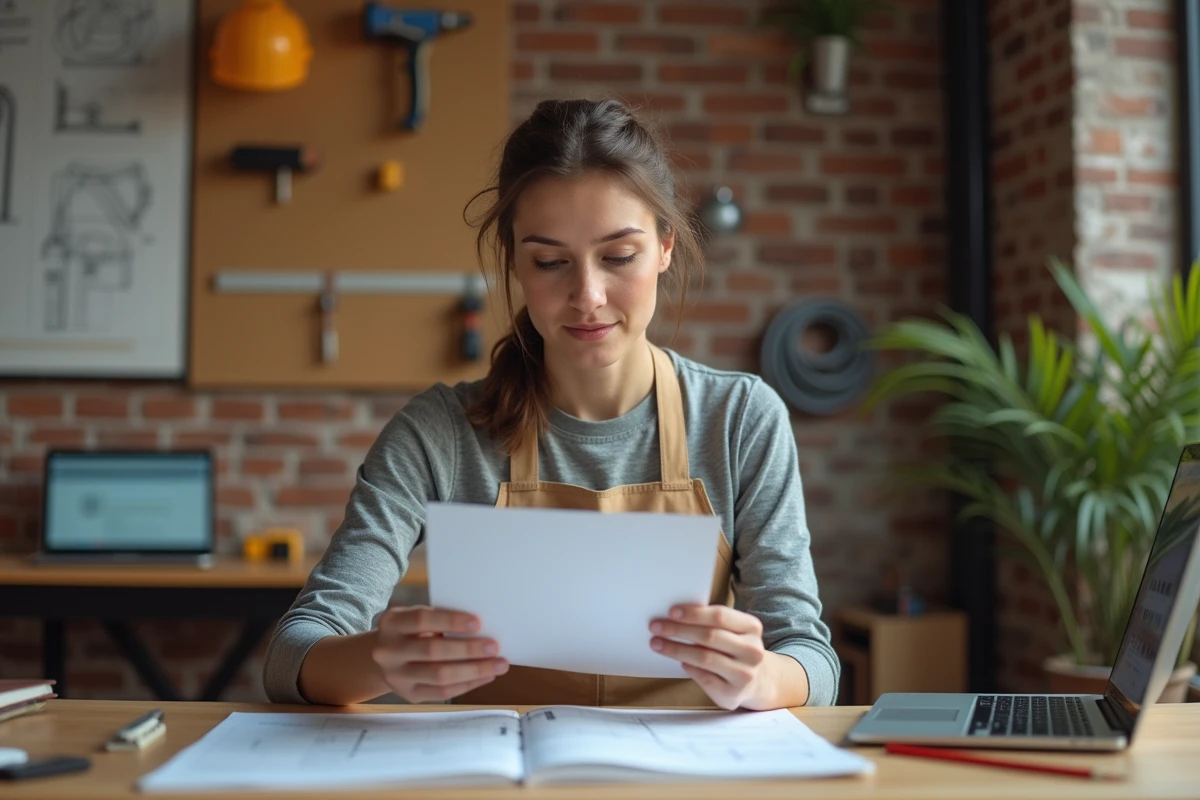 Femme étudiant un livret de certification en bricolage à son bureau avec outils et matériel pédagogique
