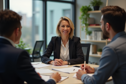 Femme en blazer attentive lors d'une réunion en bureau moderne