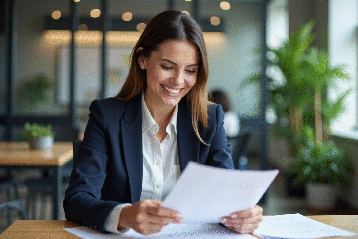 Femme confiante en blazer dans un espace de coworking