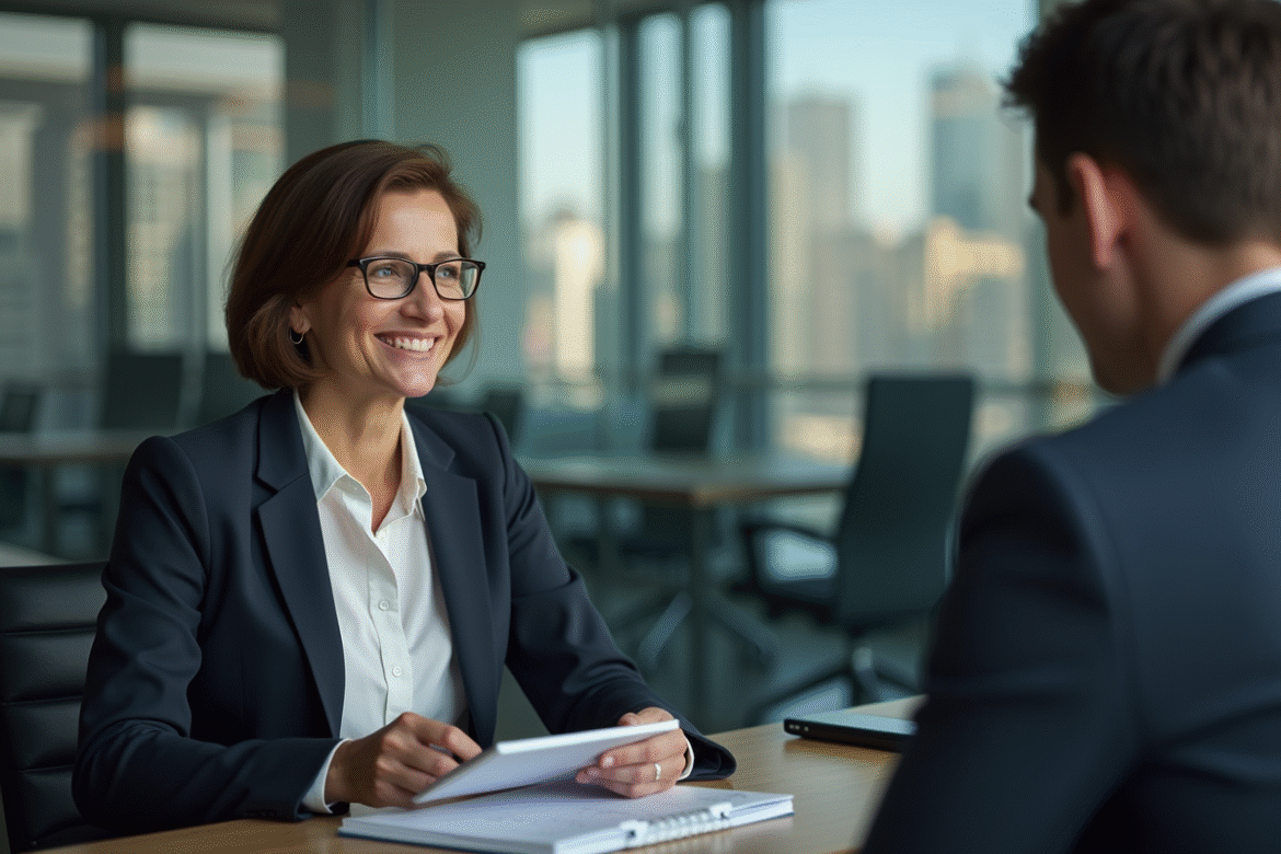 Femme en blazer écoute un homme en réunion de bureau