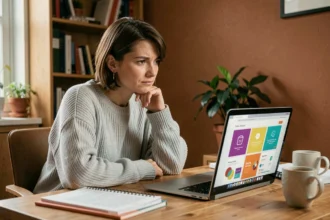 Femme hésitante devant un ordinateur affichant des modèles Canva dans un bureau à domicile