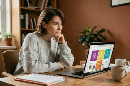 Femme hésitante devant un ordinateur affichant des modèles Canva dans un bureau à domicile
