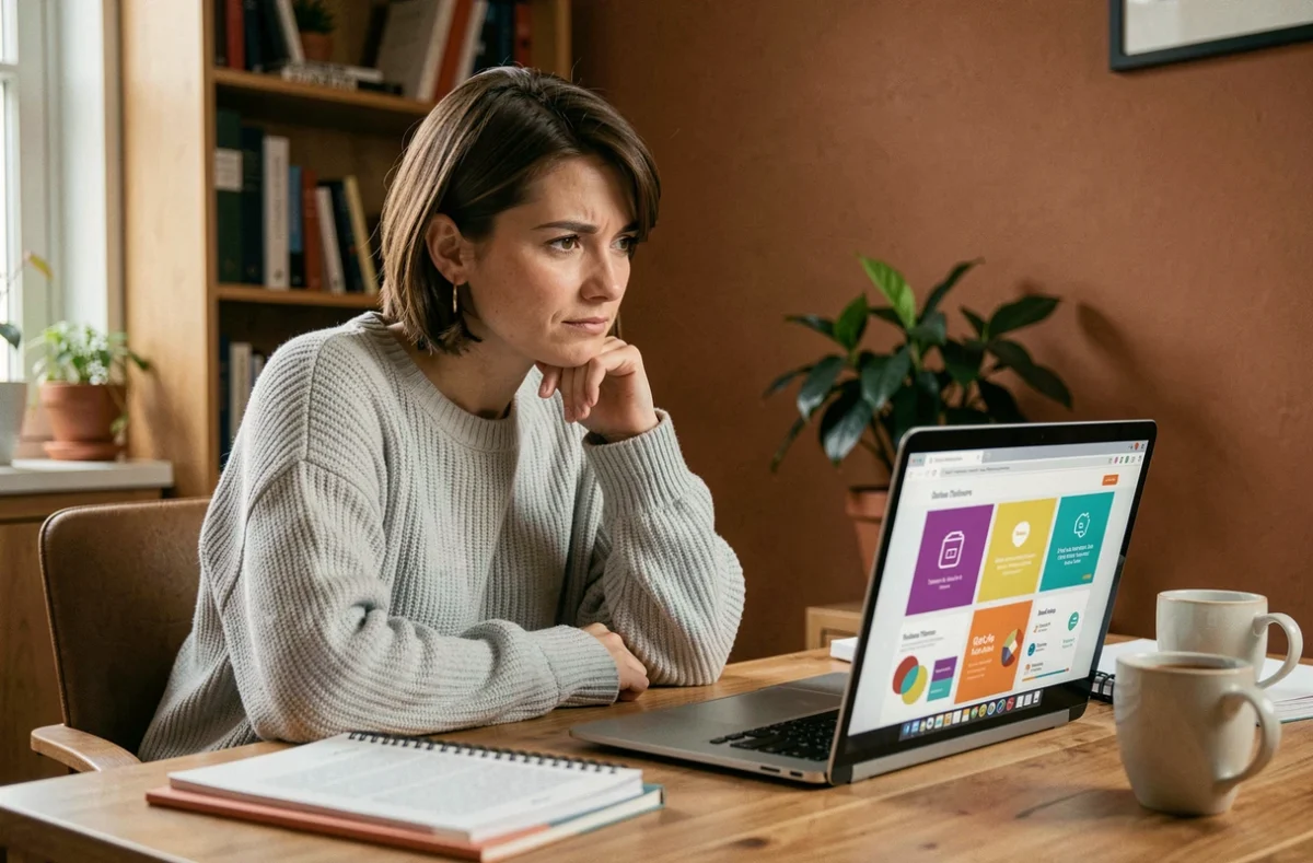 Femme hésitante devant un ordinateur affichant des modèles Canva dans un bureau à domicile