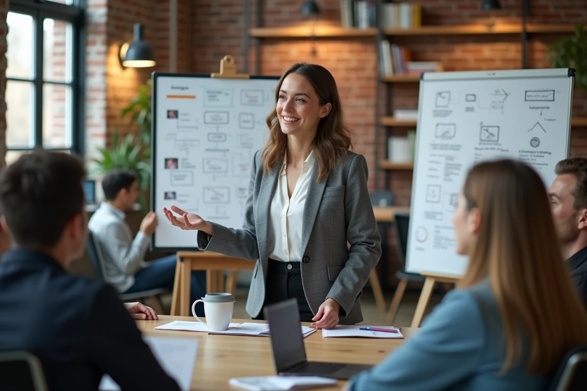 Femme en réunion discutant avec équipe dans un espace moderne