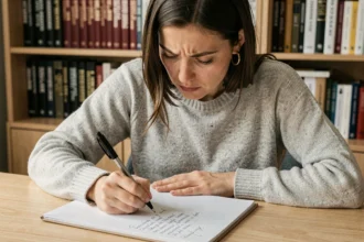 Femme concentrée en train d'écrire à la main dans un cahier, hésitant sur l'orthographe d'un verbe conjugué en français