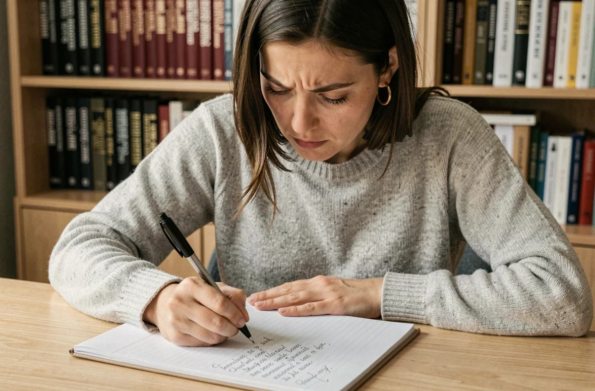 Femme concentrée en train d'écrire à la main dans un cahier, hésitant sur l'orthographe d'un verbe conjugué en français