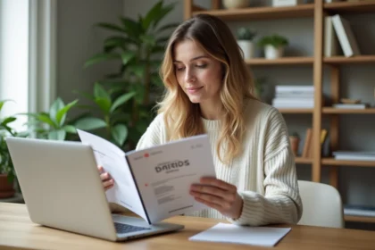 Femme détendue étudiant une brochure Maformationbrico à son bureau