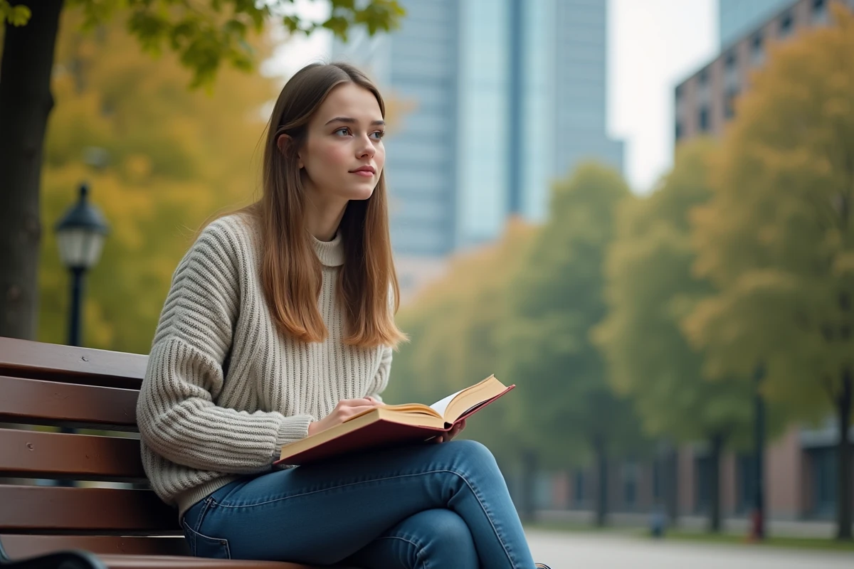 Jeune femme assise sur un banc de parc avec livre de maths