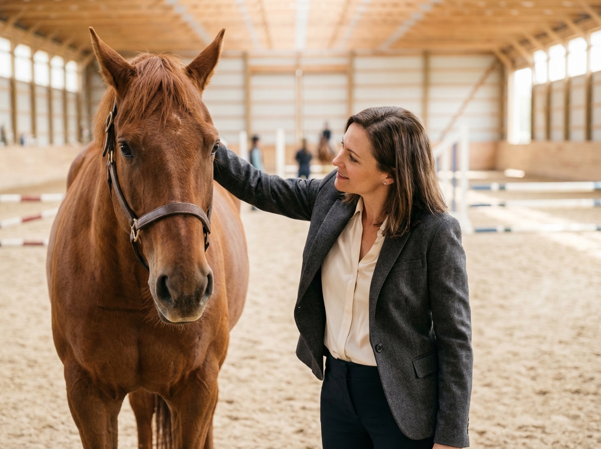 Femme cadre touchant un cheval dans une salle d
