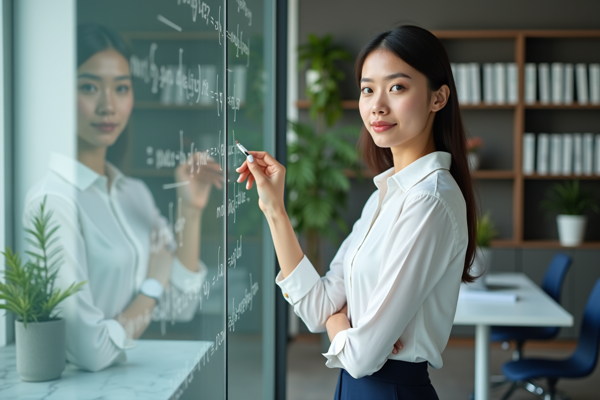 Jeune femme écrivant des formules financières au tableau
