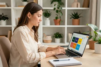 Femme suivant une formation Canva en ligne sur son ordinateur portable dans un bureau à domicile moderne