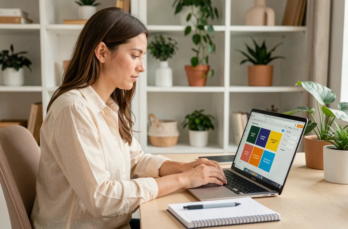 Femme suivant une formation Canva en ligne sur son ordinateur portable dans un bureau à domicile moderne