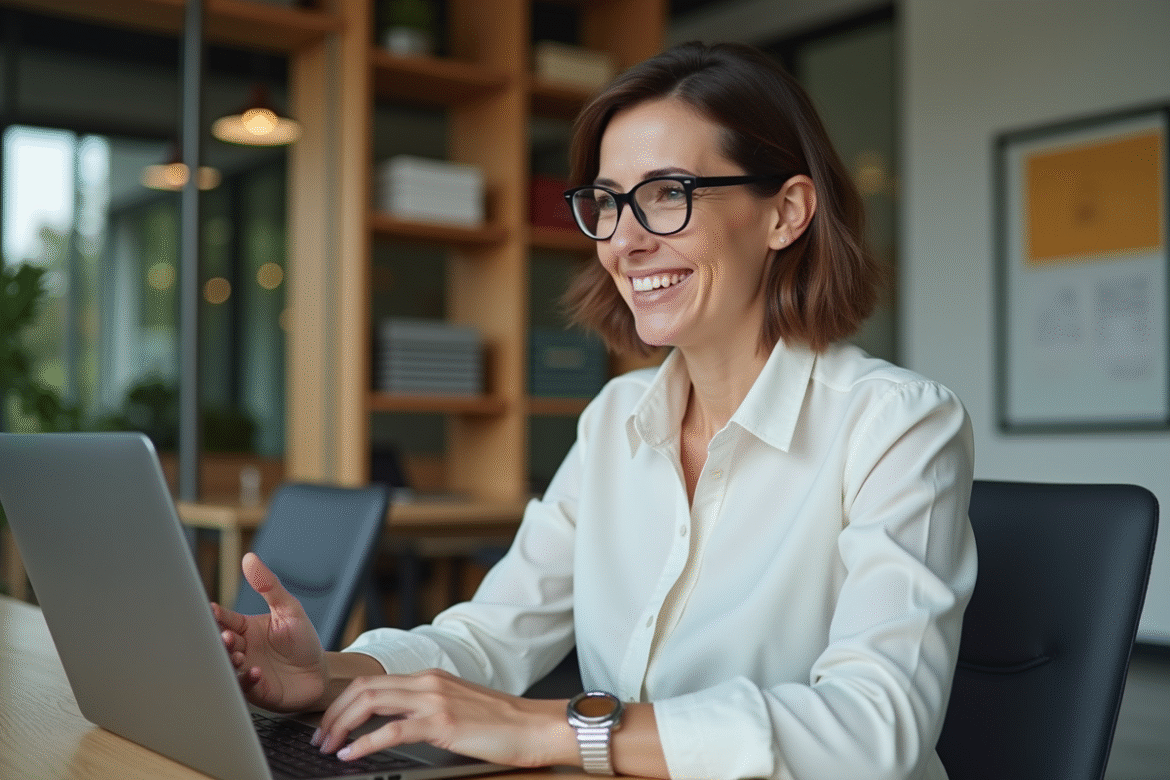 Femme souriante en formation en ligne dans un bureau moderne