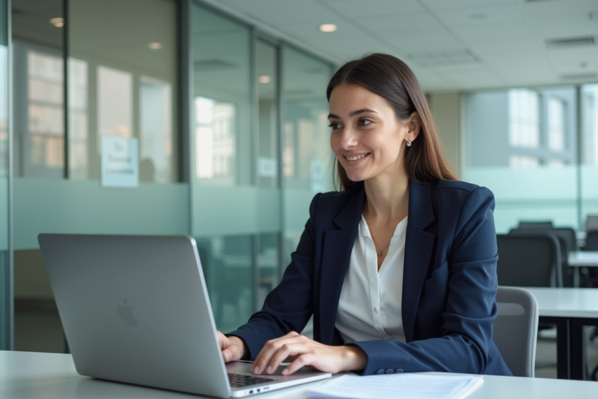 Femme en bureau remplissant des formulaires d'aide financière