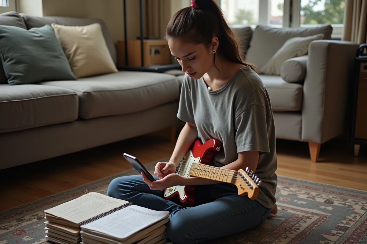 Jeune femme guitariste lisant une partition d'accord mal formatée sur smartphone posé contre des cahiers de musique empilés