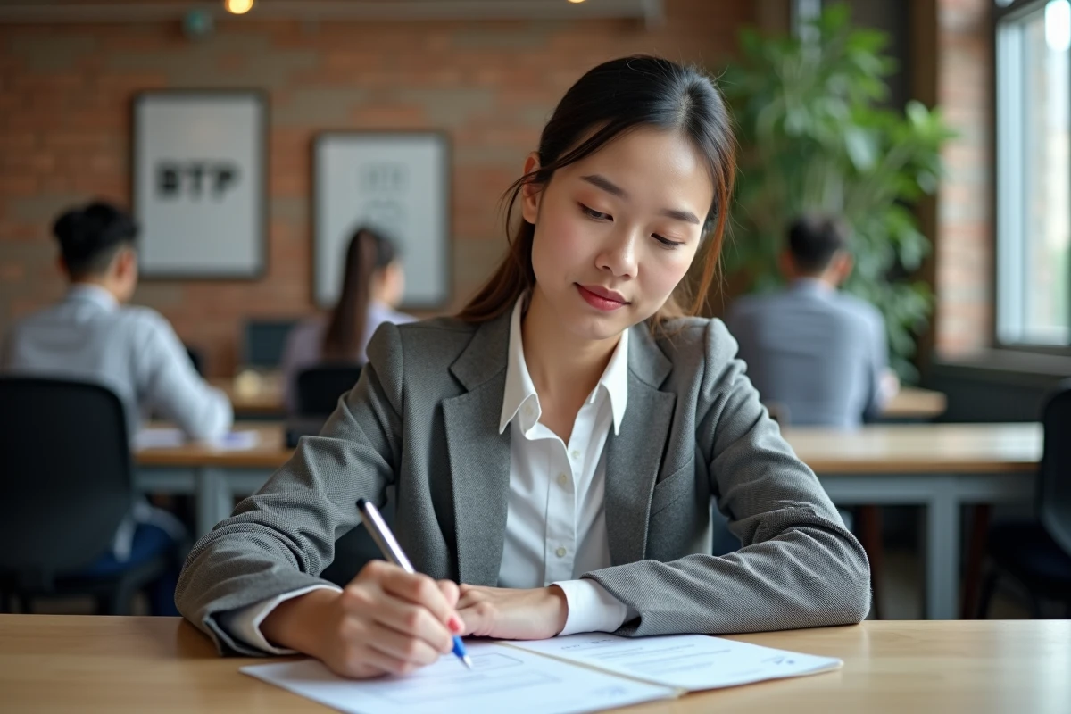 Femme remplissant un formulaire d'inscription à une certification professionnelle BTP dans un centre de formation