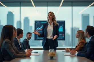 Femme leader en réunion d'entreprise présentant une stratégie à son équipe dans une salle de direction moderne en 2026