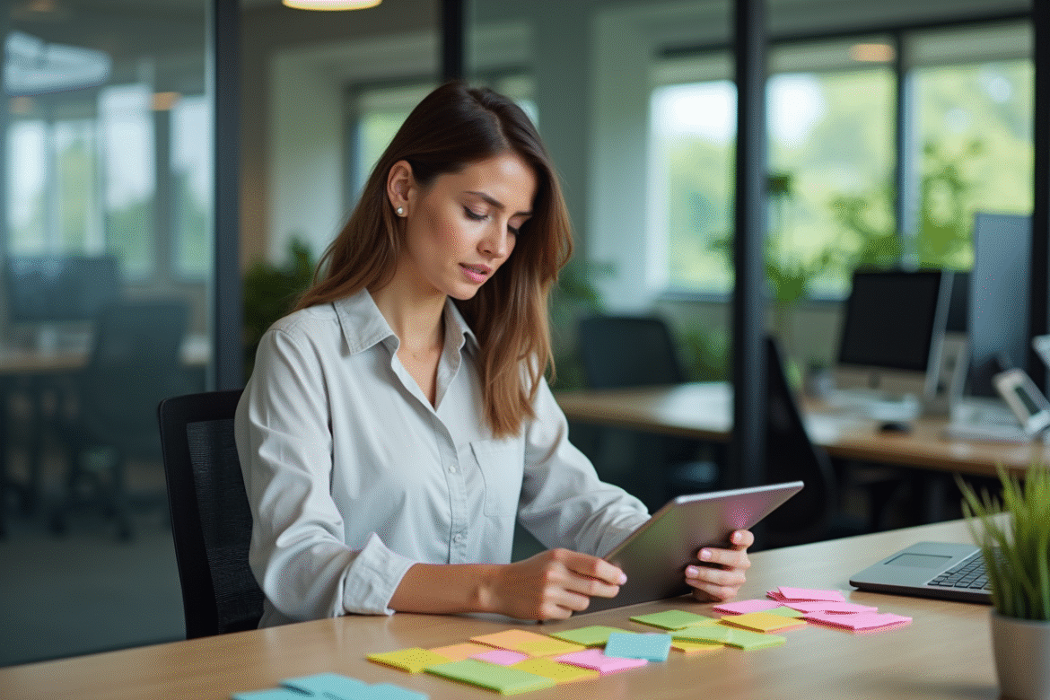 Femme professionnelle organise notes sur tablette en bureau moderne