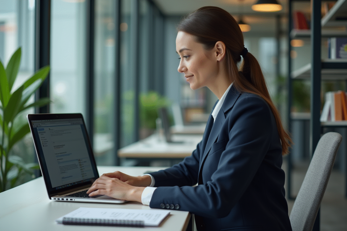 Femme en costume professionnel travaillant sur un ordinateur dans un bureau