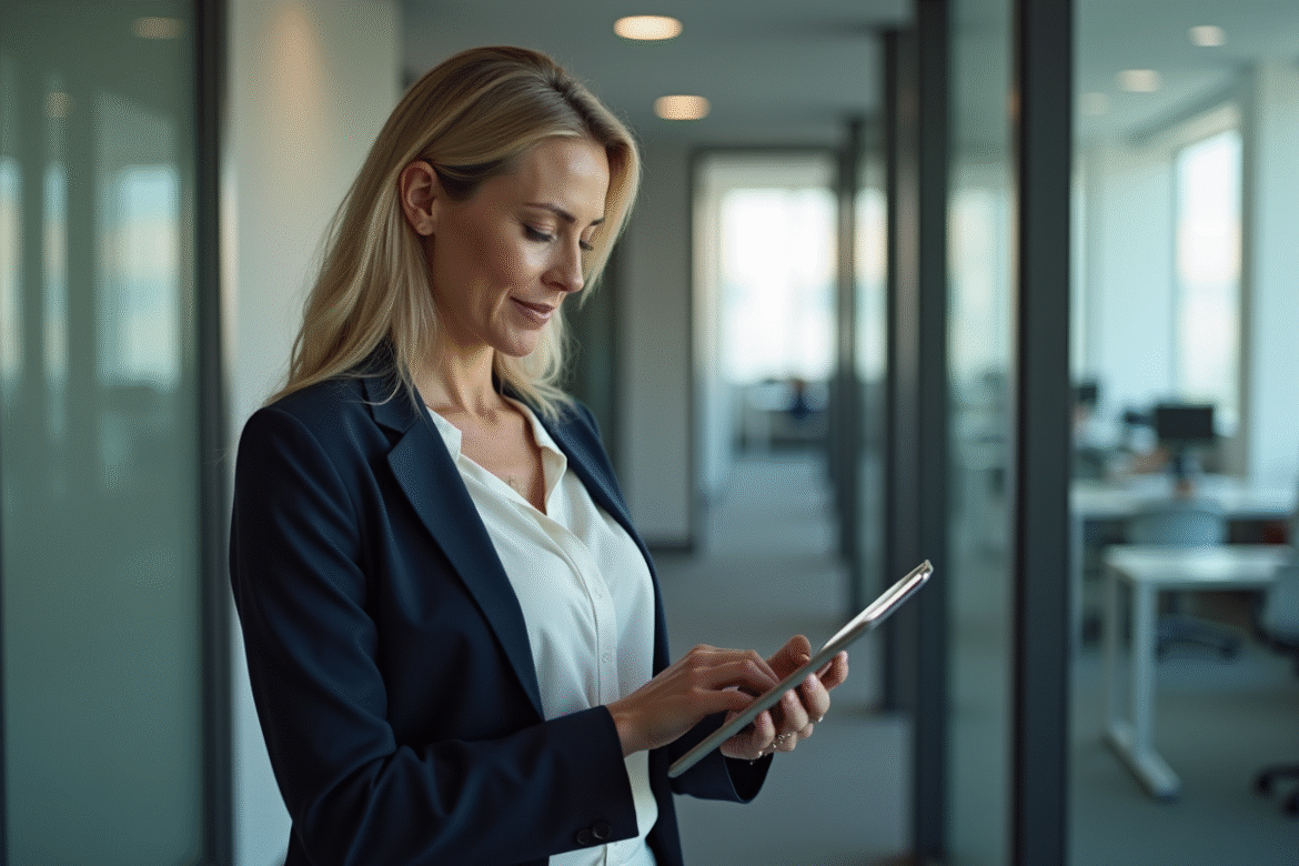 Femme en blazer regardant sa montre dans un bureau moderne