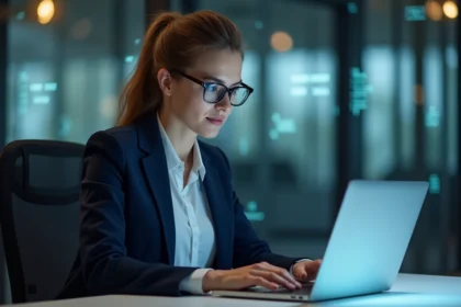 Jeune femme en bureau avec ordinateur et symboles de securite