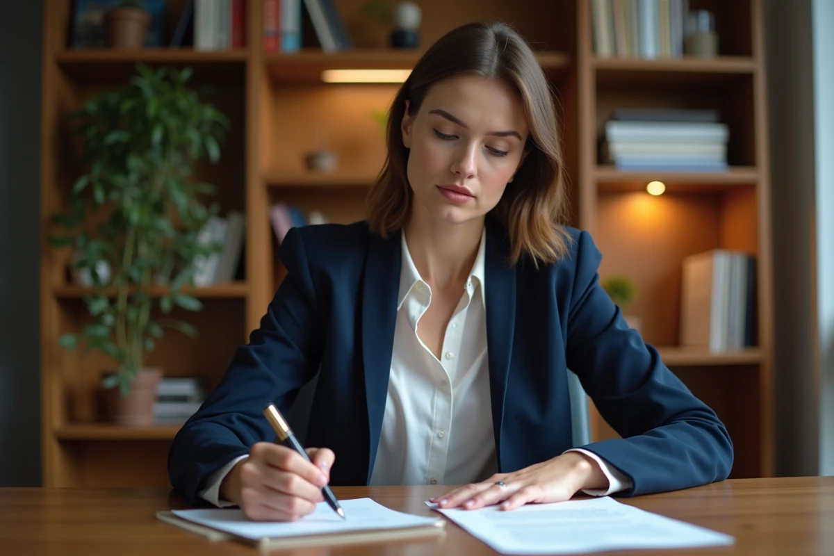 Femme professionnelle rédigeant la formule de politesse finale d'une lettre de motivation à son bureau