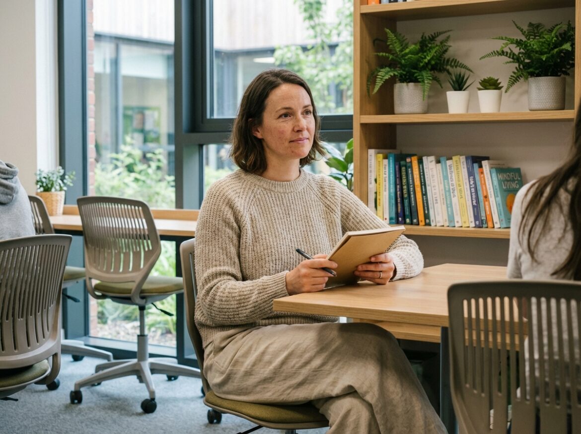 Femme concentrée en salle de formation moderne