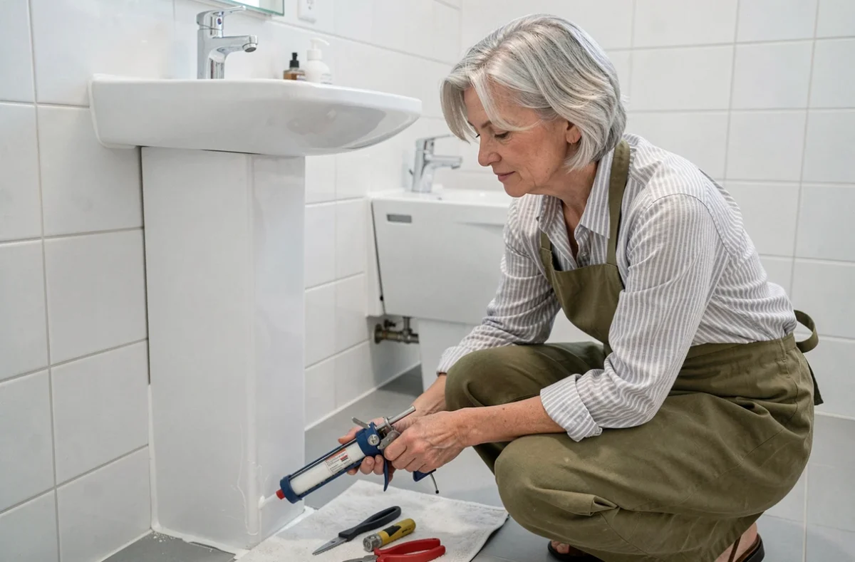 Femme mature appliquant du silicone autour d'un lavabo, autonomie bricolage salle de bain pour femme seule