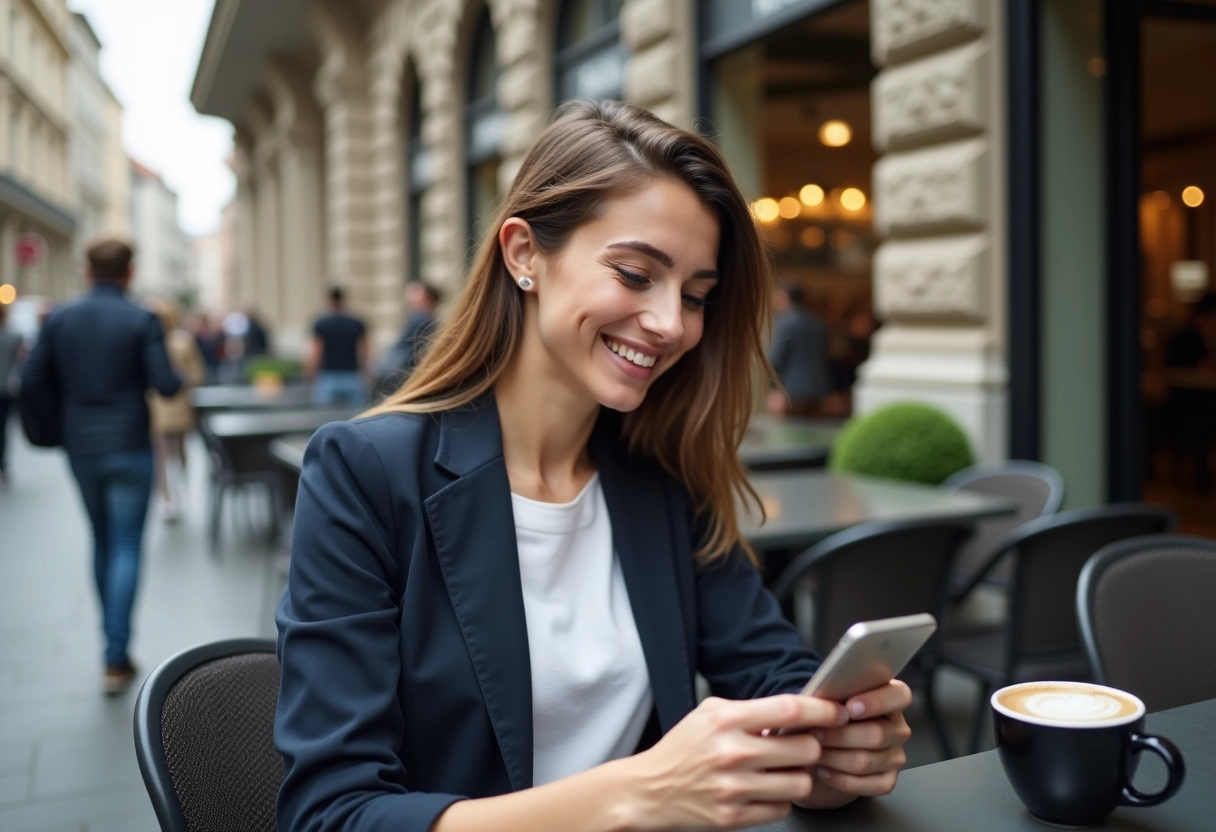 Jeune femme souriante vérifie ses assurances au café