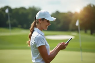 Femme souriante en golf et smartphone sur green