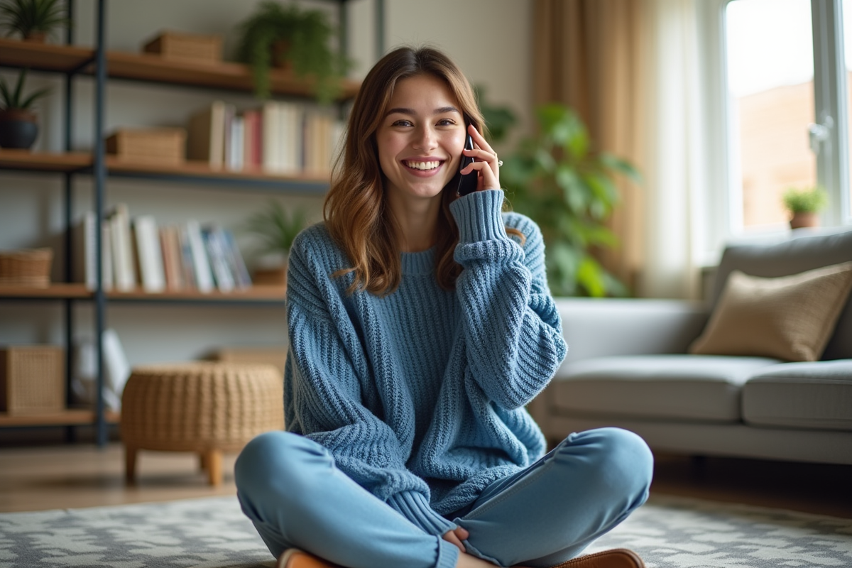 Jeune femme souriante parlant au téléphone dans son salon