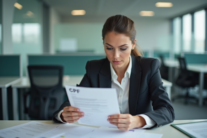 Femme en tenue professionnelle lisant un document CPF