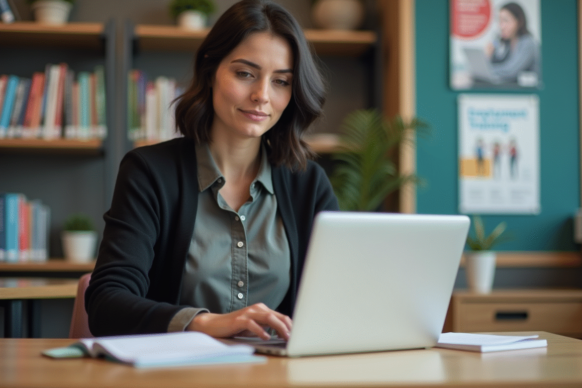 Femme concentrée travaillant sur un ordinateur dans un centre de formation