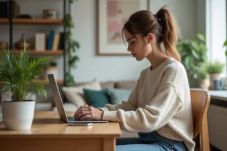 Femme travaillant à domicile sur son ordinateur portable