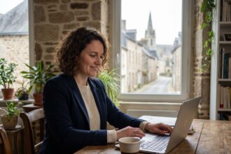 Jeune femme en télétravail dans un bureau moderne à Ploërmel