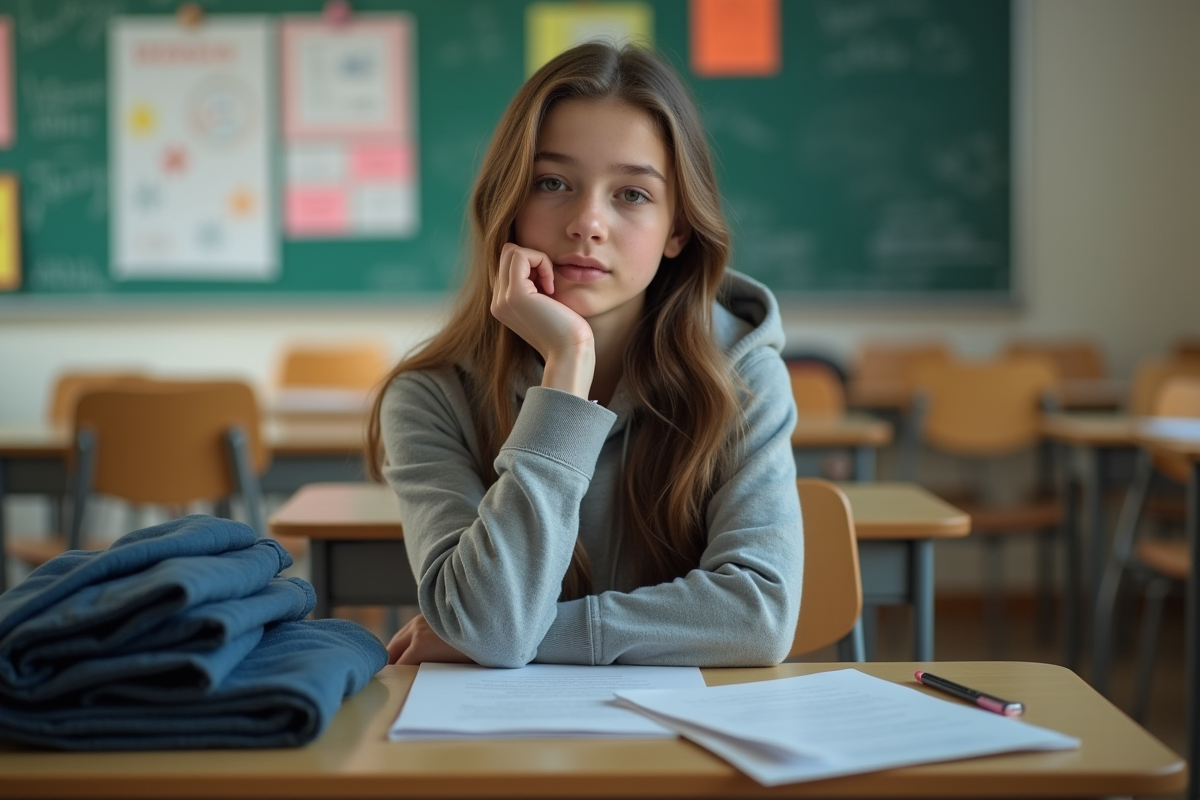 Jeune fille assise à un bureau dans une classe moderne