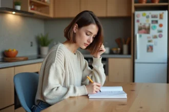 Jeune femme écrivant des notes de grammaire allemande à la maison
