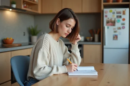 Jeune femme écrivant des notes de grammaire allemande à la maison