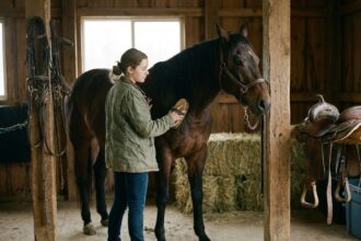 Jeune femme brossant un cheval dans l’écurie calme