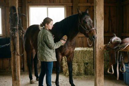Jeune femme brossant un cheval dans l’écurie calme