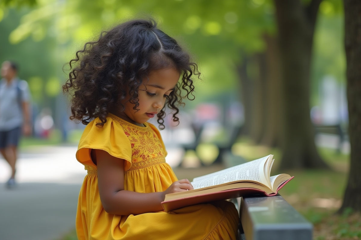 Jeune fille lisant un livre sur un banc dans un parc verdoyant