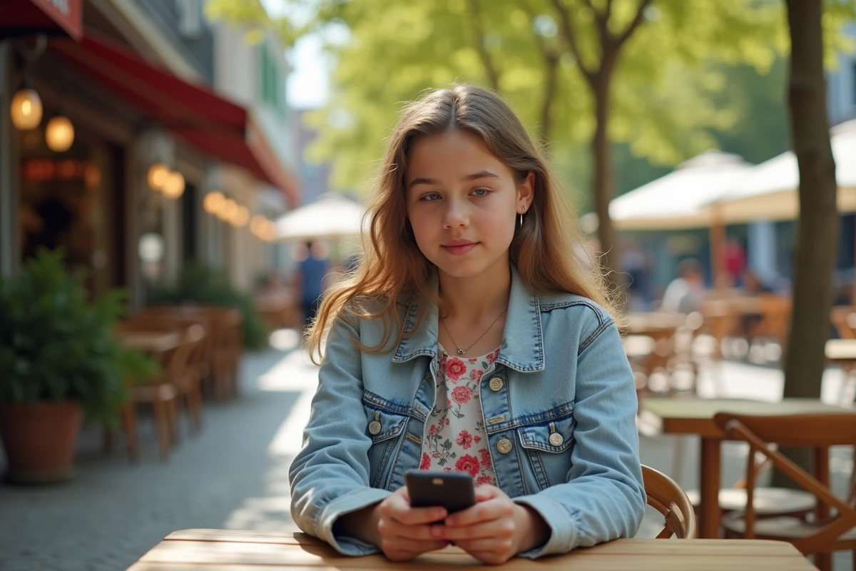 Fille assise au café regardant sa carte d
