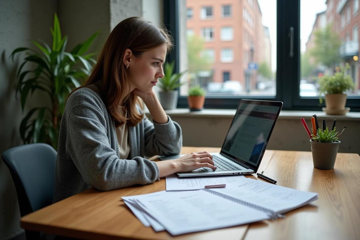 Jeune femme recherchant des informations sur le financement d'une formation menuiserie en ligne sur son ordinateur portable dans un espace de coworking