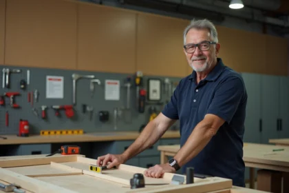 Formateur en bricolage présentant des outils sur un établi dans un atelier de formation professionnelle