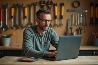 Homme adulte suivant une formation bricolage en ligne sur ordinateur portable dans un atelier à domicile bien équipé