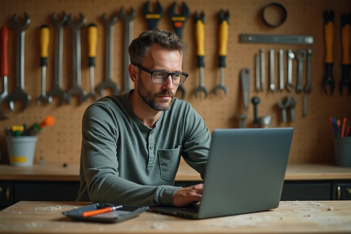 Homme adulte suivant une formation bricolage en ligne sur ordinateur portable dans un atelier à domicile bien équipé