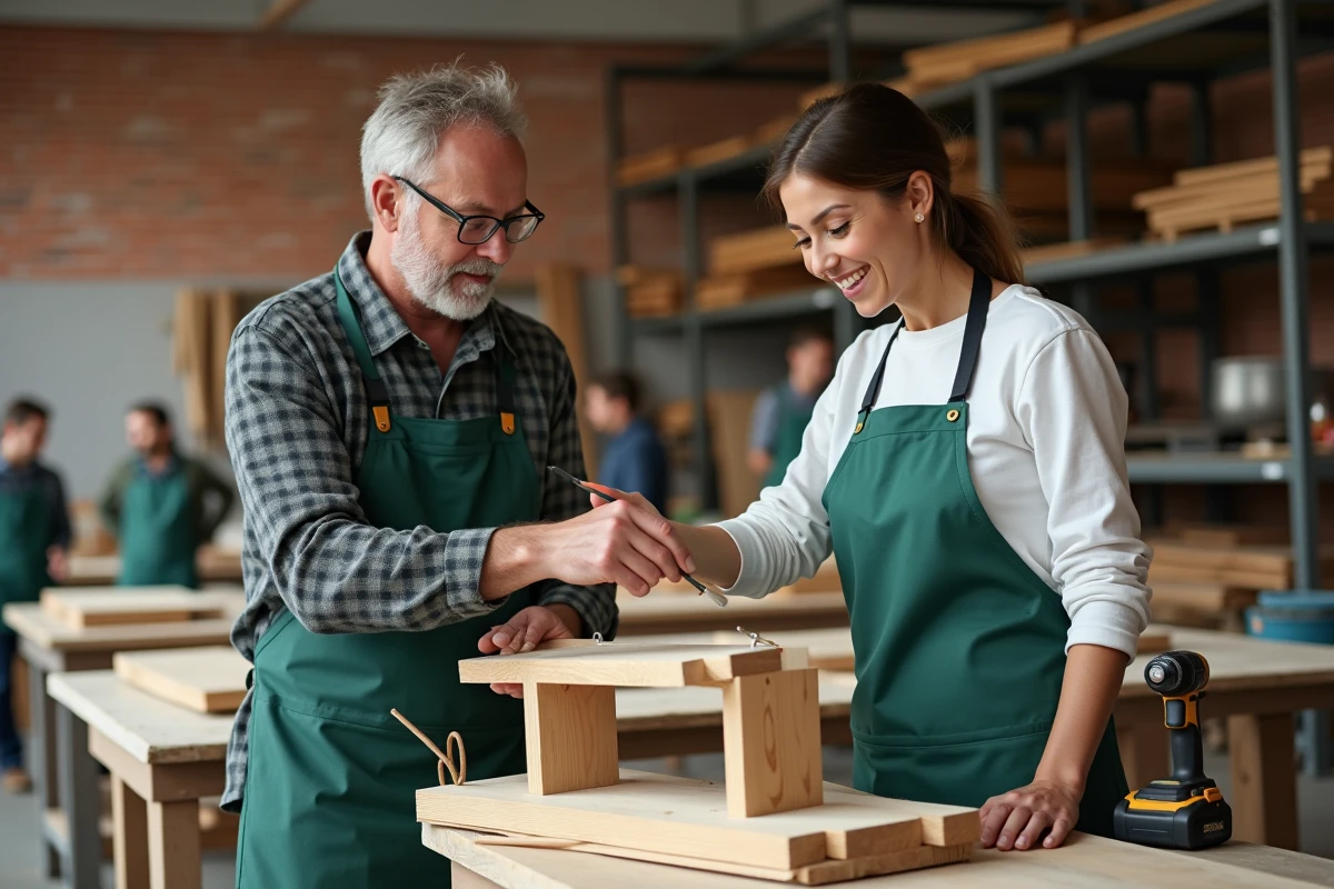 Femme participant à une formation bricolage en présentiel avec un instructeur professionnel dans un atelier pédagogique