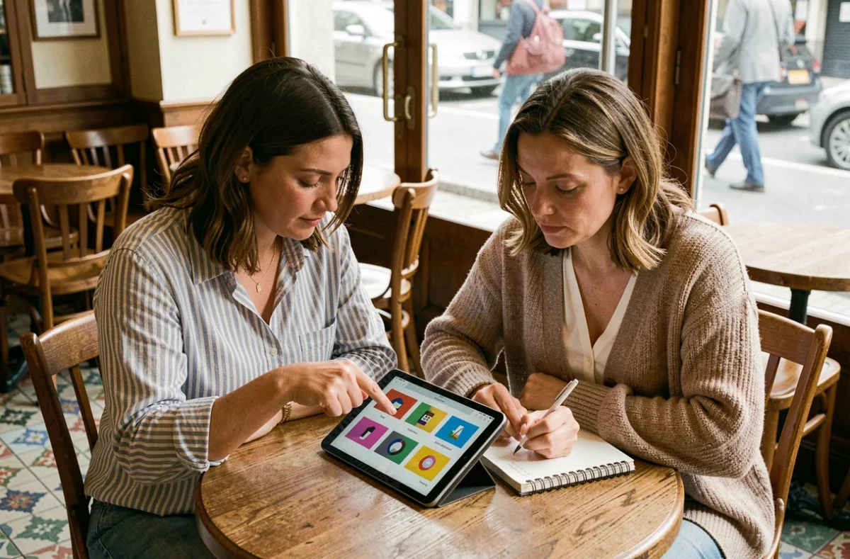 Deux femmes apprenant Canva ensemble autour d'une tablette dans un café parisien cosy